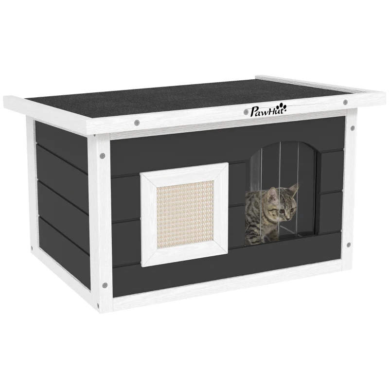 PawHut Kattenhuis, Toevluchtsoord voor Katten en Konijnen, Houten Huis met Krabmat, Luikdeur, 61 x 45 x 36,5 cm, Grijs