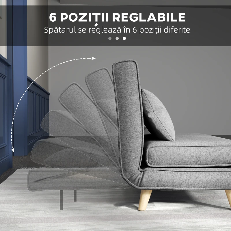 HOMCOM Fotoliu Pat 3 în 1 cu Spătar Reglabil pe 6 Nivele și Pernă, Canapea Pat Pliant, 94x78x80 cm, Gri(m-7)
