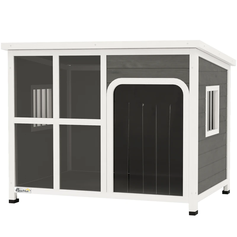 PawHut Wooden Dog House Outdoor with  Asphalt Openable Top, Removable Floor, Clear Front Panel, Curtain, 103 x 77 x 83cm