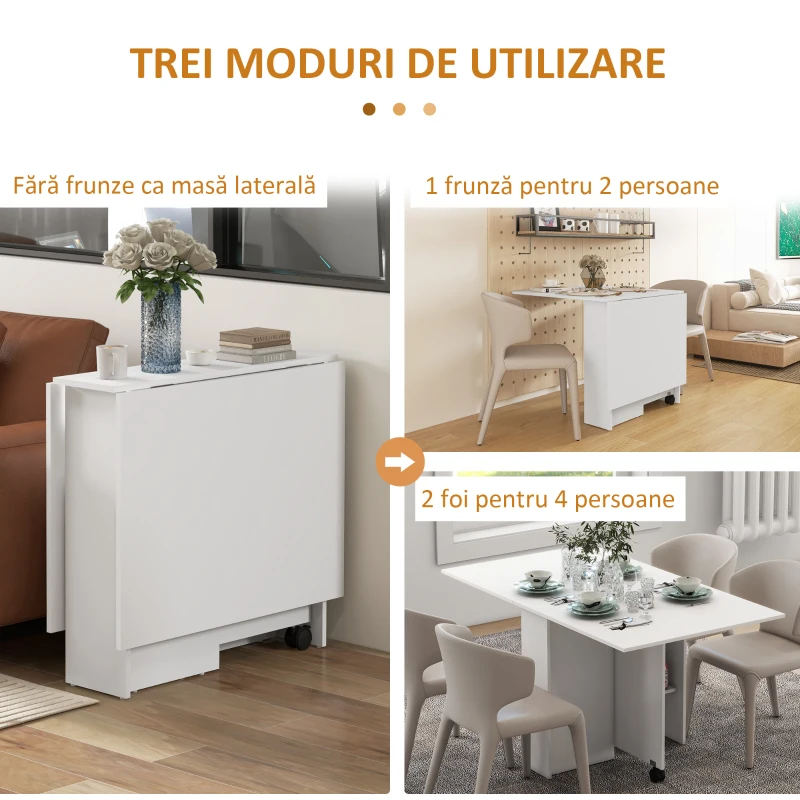 HOMCOM Masă Pliabilă și Extensibilă pentru 4-6 Persoane cu 2 Rafturi și 2 Roți, din Lemn și Metal, 140x80x74 cm, Alb(m-4)