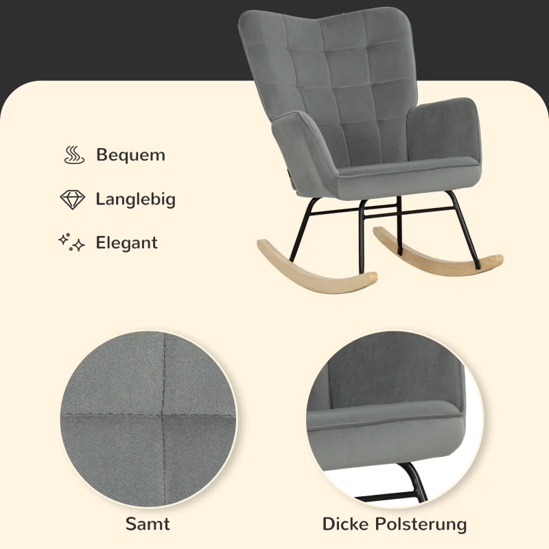 HOMCOM Vintage Schommelstoel, Gebogen Lopers, Dikke Bekleding, Beukenhout & Staal, Donkergrijs