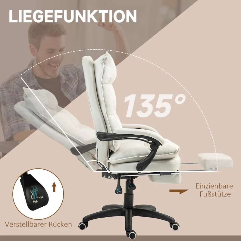 Vinsetto Massage-Bureaustoel, Werkstoel met Massagefunctie, Hoogteverstelbare Ergonomische Draaistoel, Nylon, Crèmewit(m-5)