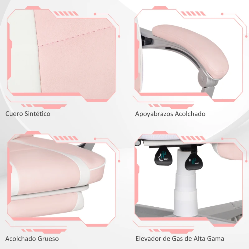 HOMCOM Silla Gamer Reclinable con Altura Ajustable Reposapiés Retráctil Soporte Lumbar y Reposacabezas Desmontable Rosa