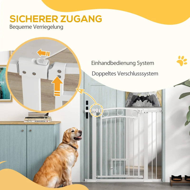 PawHut Brama dla Zwierząt Domowych, 96 cm Barierka na Schody, Regulowana Szerokość 76-104 cm, z Drzwiczkami dla Kota, na Schody i Przejścia Drzwiowe, Biały