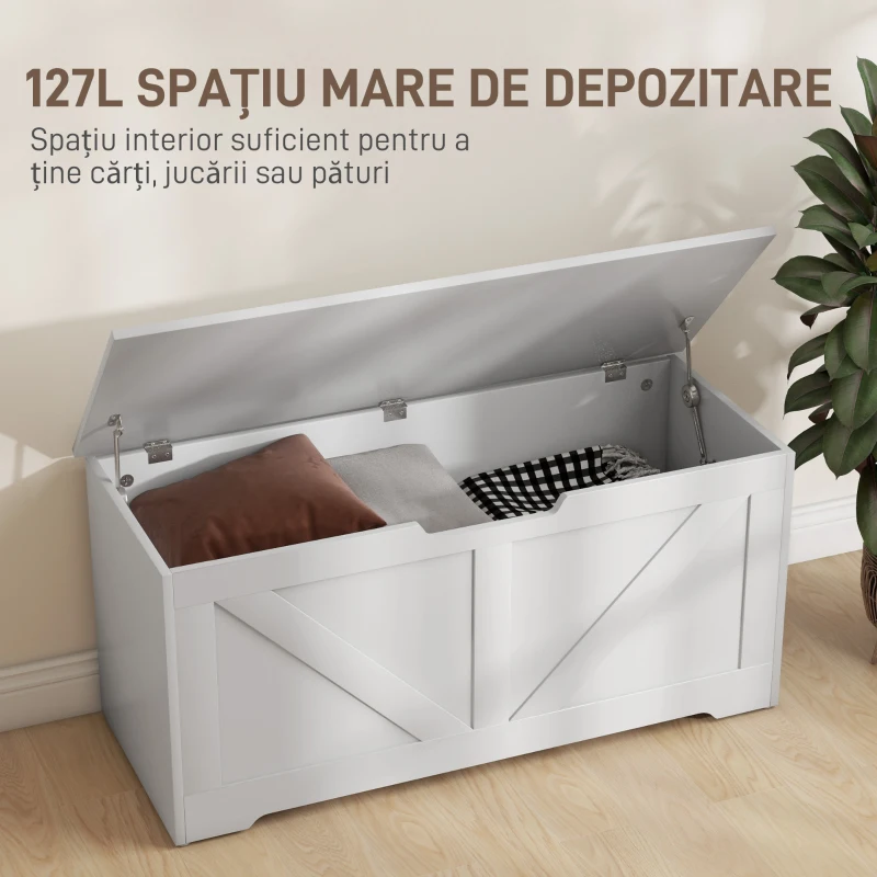 HOMCOM Ladă de Depozitare cu Balamale de Siguranță, Bancă Cutie de Depozitare, Ladă pentru Jucării, 100x40x45 cm, Alb