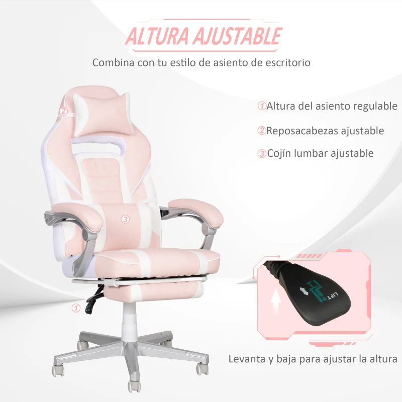 HOMCOM Silla Gamer Reclinable con Altura Ajustable Reposapiés Retráctil Soporte Lumbar y Reposacabezas Desmontable Rosa