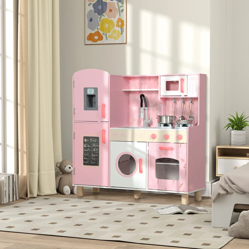 AIYAPLAY Play Kitchen, Kids Kitchen Set with Lights and Sounds, Double Stoves, Ice Maker, Chalkboard for 3+ Years - Pink