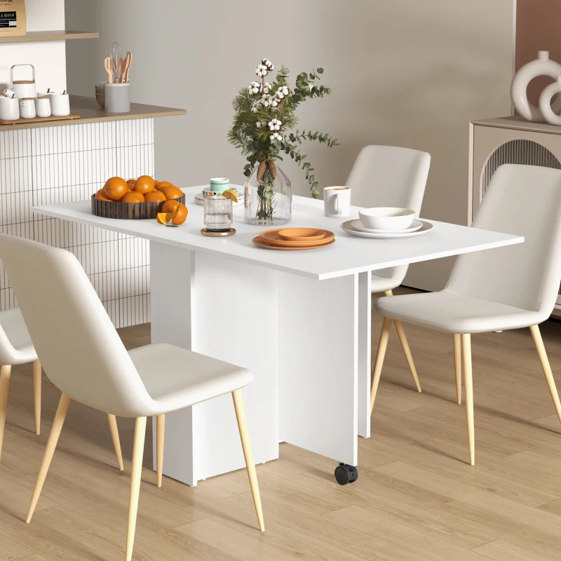 HOMCOM Masă Pliabilă și Extensibilă pentru 4-6 Persoane cu 2 Rafturi și 2 Roți, din Lemn și Metal, 140x80x74 cm, Alb(m-2)