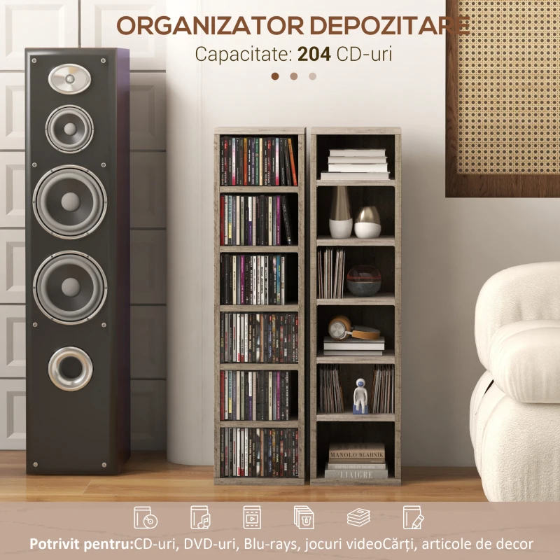 Homcom Set 2 Rafturi CD/DVD Gri inchis – 12 Rafturi, Capacitate 204 CD-uri, 21×22,5×88,5 cm(m-4)