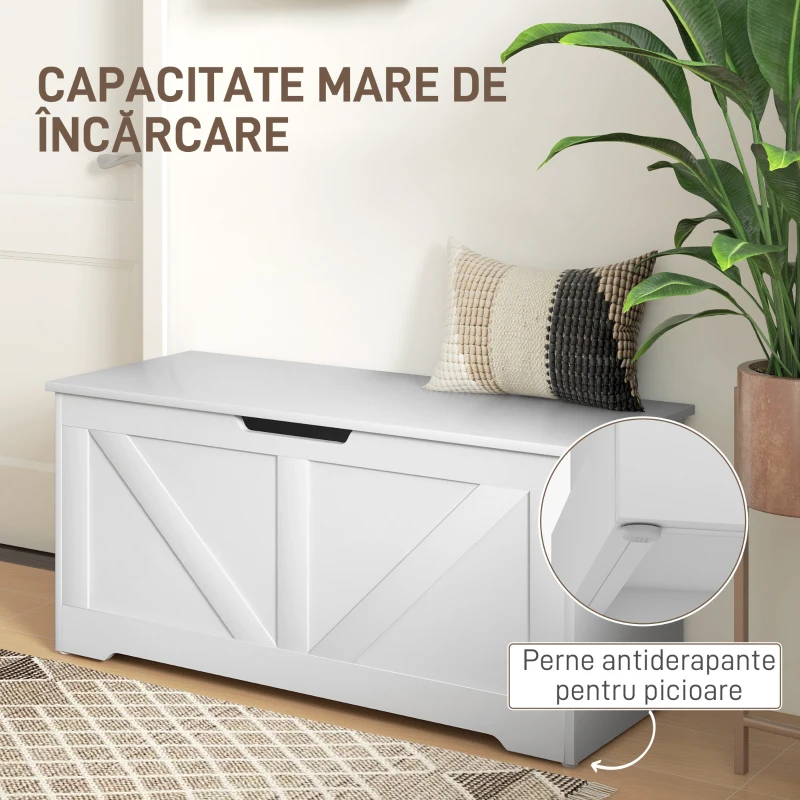 HOMCOM Ladă de Depozitare cu Balamale de Siguranță, Bancă Cutie de Depozitare, Ladă pentru Jucării, 100x40x45 cm, Alb