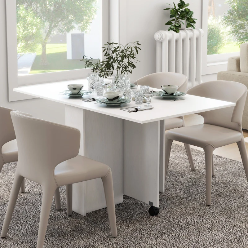 HOMCOM Masă Pliabilă și Extensibilă pentru 4-6 Persoane cu 2 Rafturi și 2 Roți, din Lemn și Metal, 140x80x74 cm, Alb(m-9)