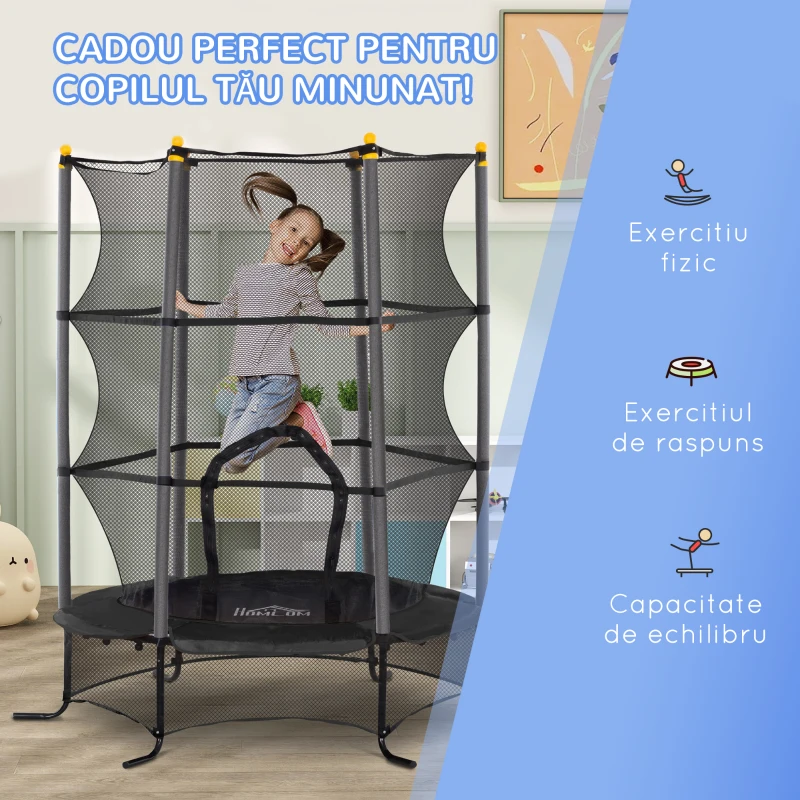 HOMCOM Trambulină pentru Copii 3-10 Ani cu Plasă de Siguranță, Suprafață Elastică cu Bare Capitonate, Ø163x190 cm, Negru