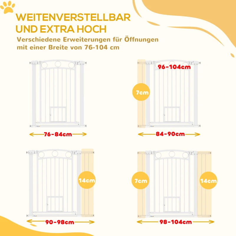 PawHut Huisdierenhekje, 96 cm Traphek, Verstelbare Breedte 76-104 cm, met Kattenddeur, voor Trappen en Deuropeningen, Wit