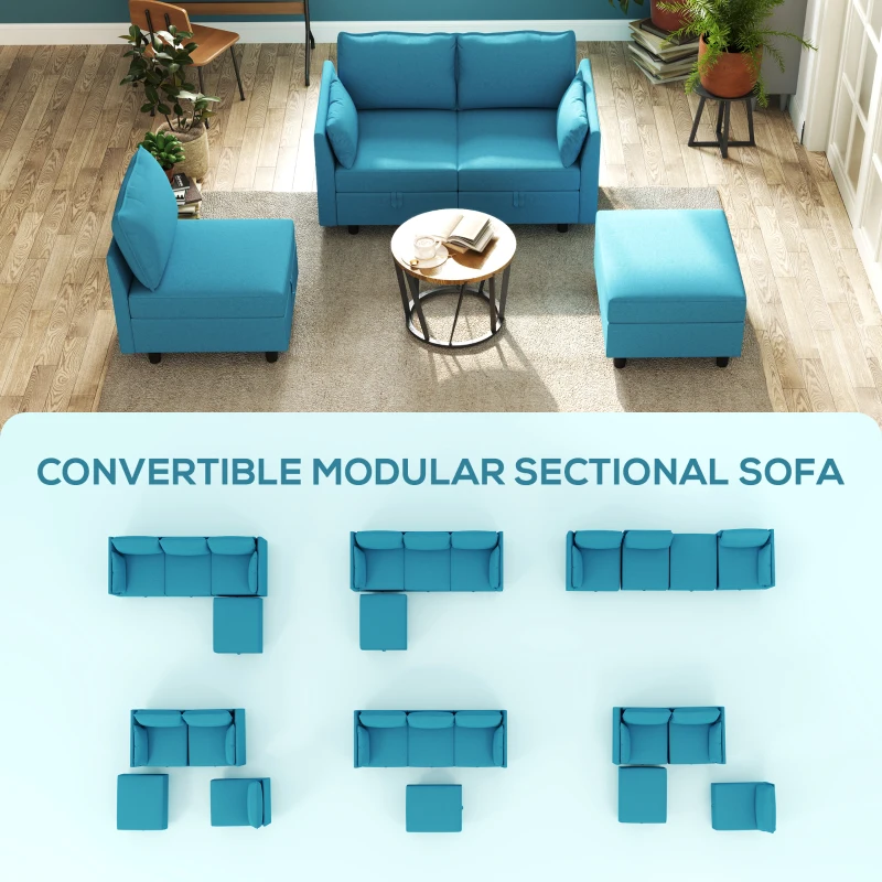 HOMCOM Canapea Modulară cu Taburet și Spații de Depozitare, Canapea Colțar în Formă de L, 213x156x88 cm, Albastru