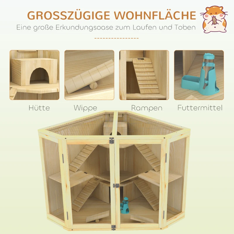PawHut Hamsterkooi, 4-Laags Ontwerp, met Voederstation, Wip, Loopplank, Hutjes, 115 x 69,5 x 79 cm, Hout