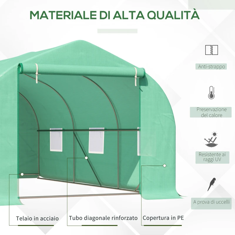 Outsunny Serra per Orto a Tunnel 4.5x3x2m con Tetto Spiovente in PE e Tubi d'Acciaio Verde Scuro