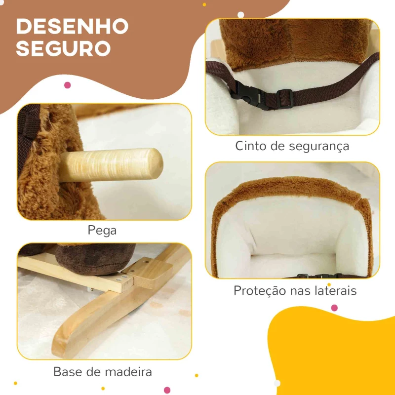 AIYAPLAY Cavalo Baloiço para Crianças de 18-36 Meses com Sons Cinto de Segurança e Base de Madeira Carga 25 kg 68x33x45 cm Marrom