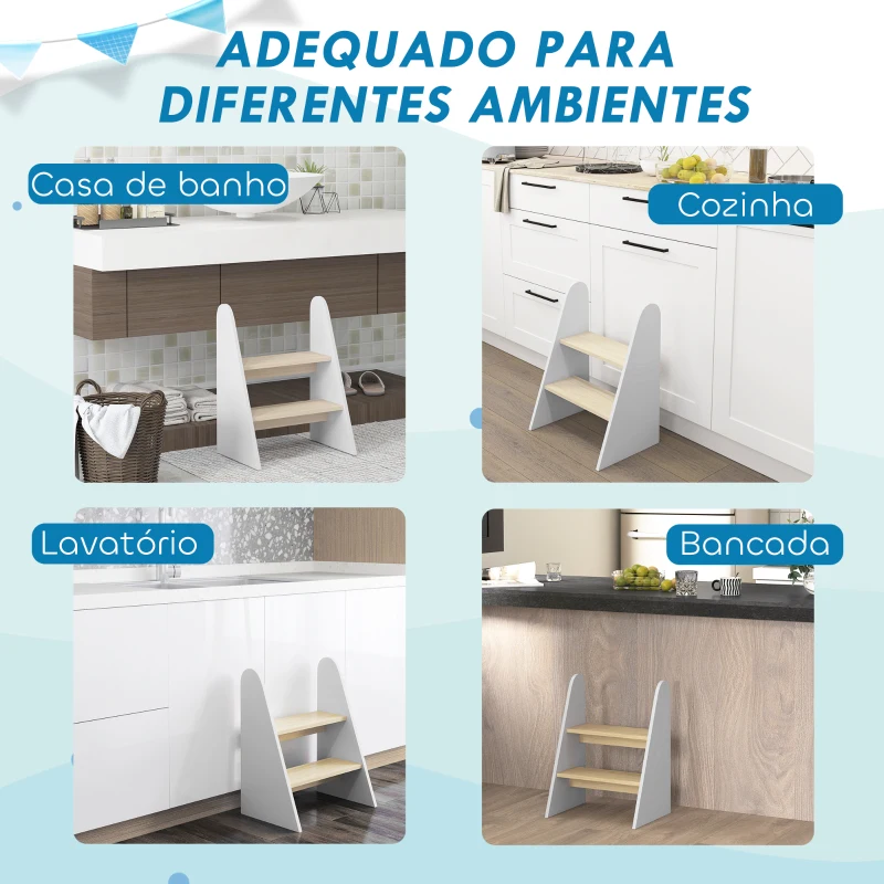 AIYAPLAY Banco para Crianças de 2 Degraus Torre de Aprendizagem Escada para Crianças acima de 3 Anos para Casa de Banho Cozinha 43x30x55 cm Branco