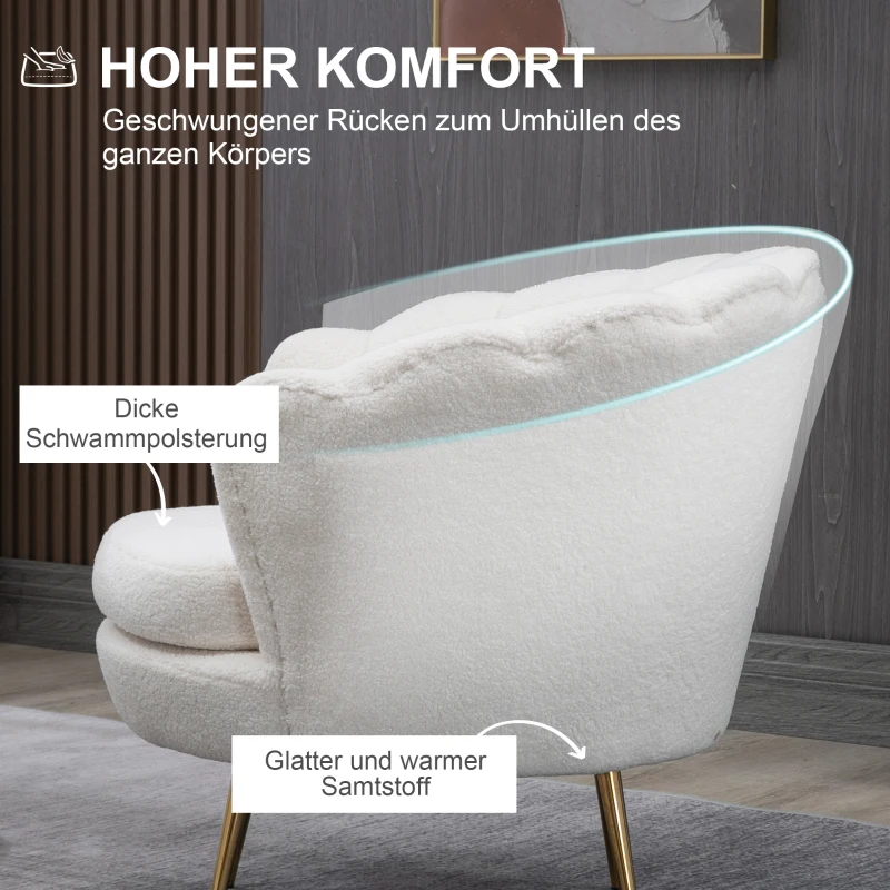HOMCOM Fauteuil in Schelpvorm, Relaxstoel, Ontspanningsstoel, Metalen Poten in Goudlook, 79D x 77B x 77H cm, Wit