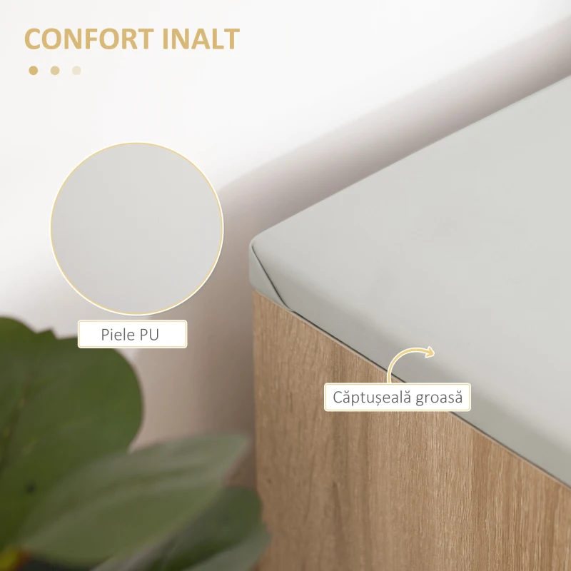 HOMCOM Bancă pentru Pantofi cu 3 Compartimente, Spațiu Ascuns și Șezut din Piele PU, 80x30x43 cm, Lemn Natural