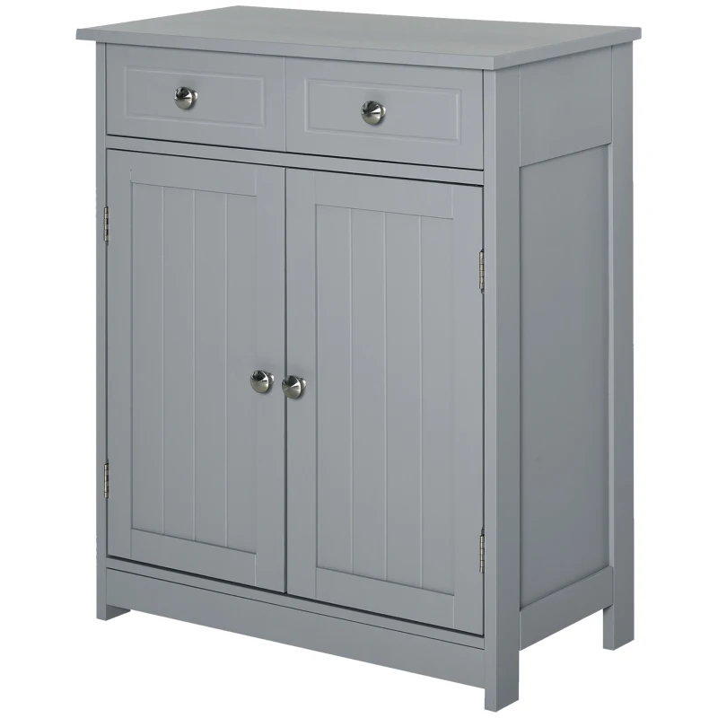 kleankin 75x60cm Freestanding Bathroom Storage Cabinet Unit w/ 2 Drawers Cupboard Adjustable Shelf Metal Handles Traditional Style Grey