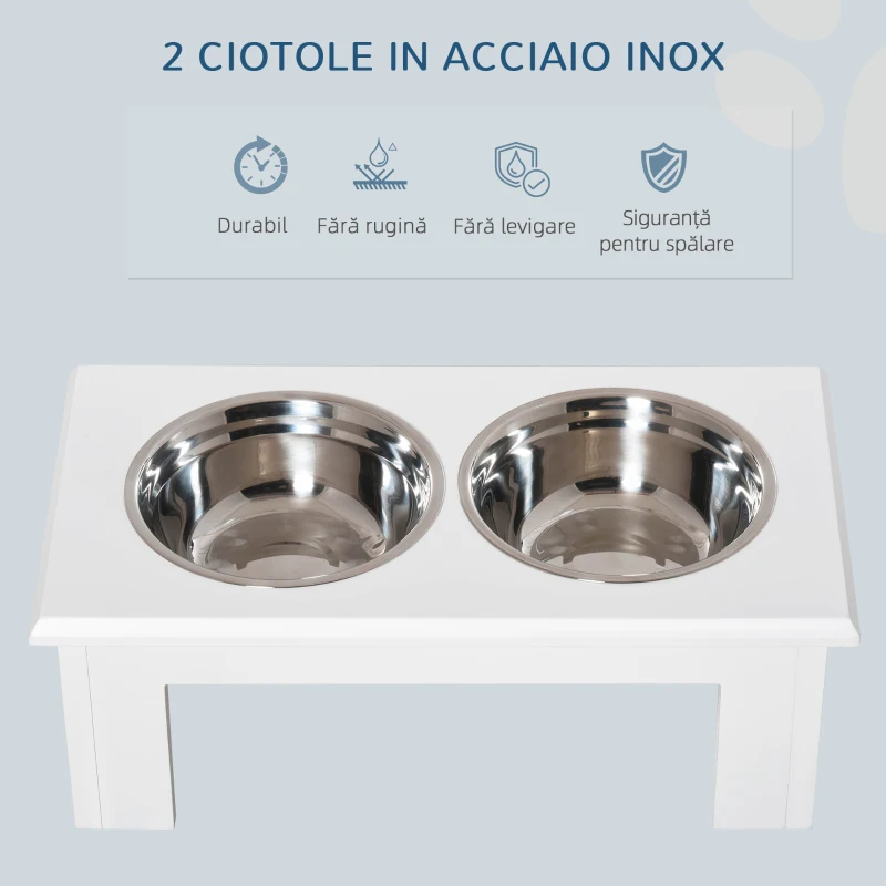 PawHut Boluri Ridicate pentru Câini, Suport pentru Boluri cu 2 Boluri din Oțel pentru Mâncare și Apă, 58,4x30,5x25,4 cm, Alb