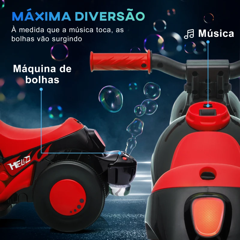 AIYAPLAY Mota Elétrica para Crianças Mota a Bateria 6V com Função de Bolhas Farol Música Motocicleta para Crianças com Velocidade 3km/h Carga 30 kg Vermelho