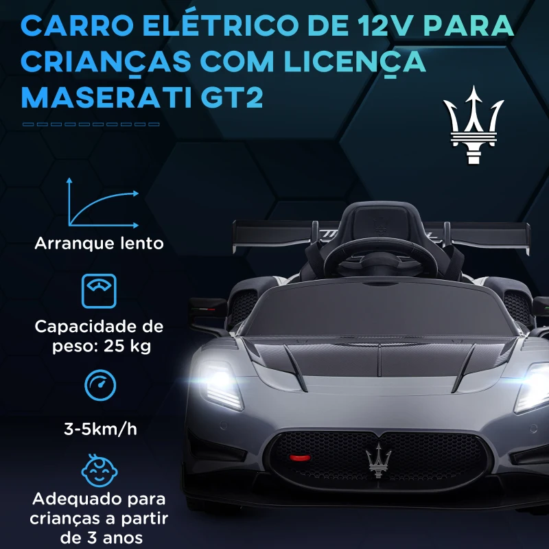 AIYAPLAY Carro Elétrico para Crianças Carro Maserati GT2 12V  com Controlo Remoto Faróis LED Buzina E Música  115x60x45 cm Cinza