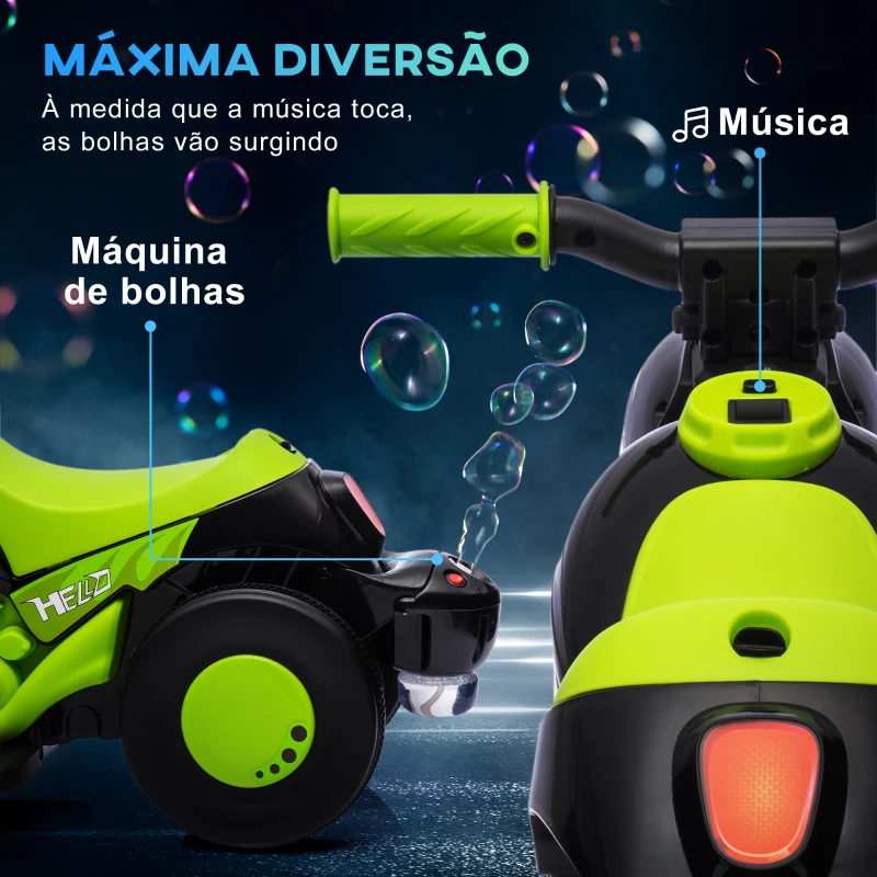 AIYAPLAY Mota Elétrica para Crianças Mota a Bateria 6V com Função de Bolhas Farol Música Motocicleta para Crianças com Velocidade 3km/h Carga 30 kg Verde