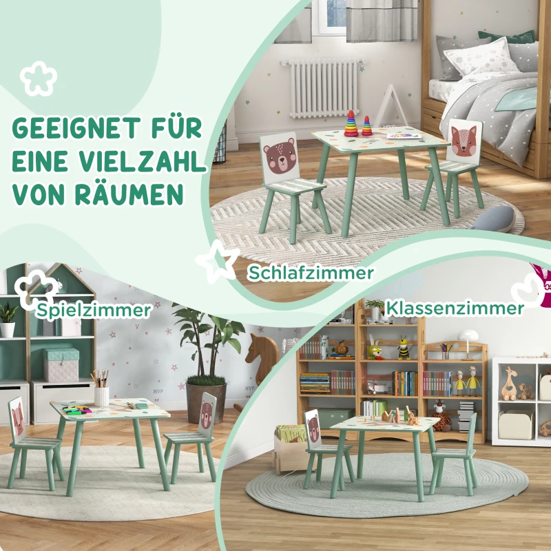 ZONEKIZ Kinderspeelgroep 3-8 Jaar, 1 Tafel & 2 Stoelen, Schattig Dierenmotief, Groen