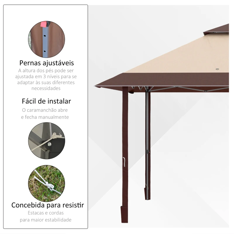 Outsunny Tenda Dobrável 3,85x3,85 m Tenda de Jardim com Telhado Duplo Altura Ajustável para Festas Casamentos Cáqui e Café