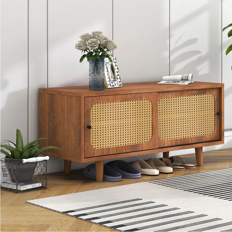 Ensemble Meuble à Chaussures et Buffet de Rangement en Bois avec Portes en Cannage, Style Vintage Bohème pour Entrée ou Salon