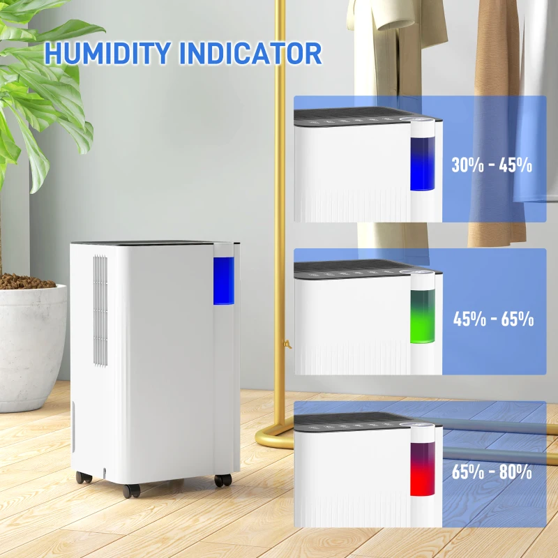 HOMCOM 12L/Day Dehumidifier with Continuous Drainage, 2L Water Tank, 24H Timer, Digital Humidity Display, Filter, Auto Defrost, Children Lock, for Bedroom, Dehumidifier for Home Damp, Laundry Drying