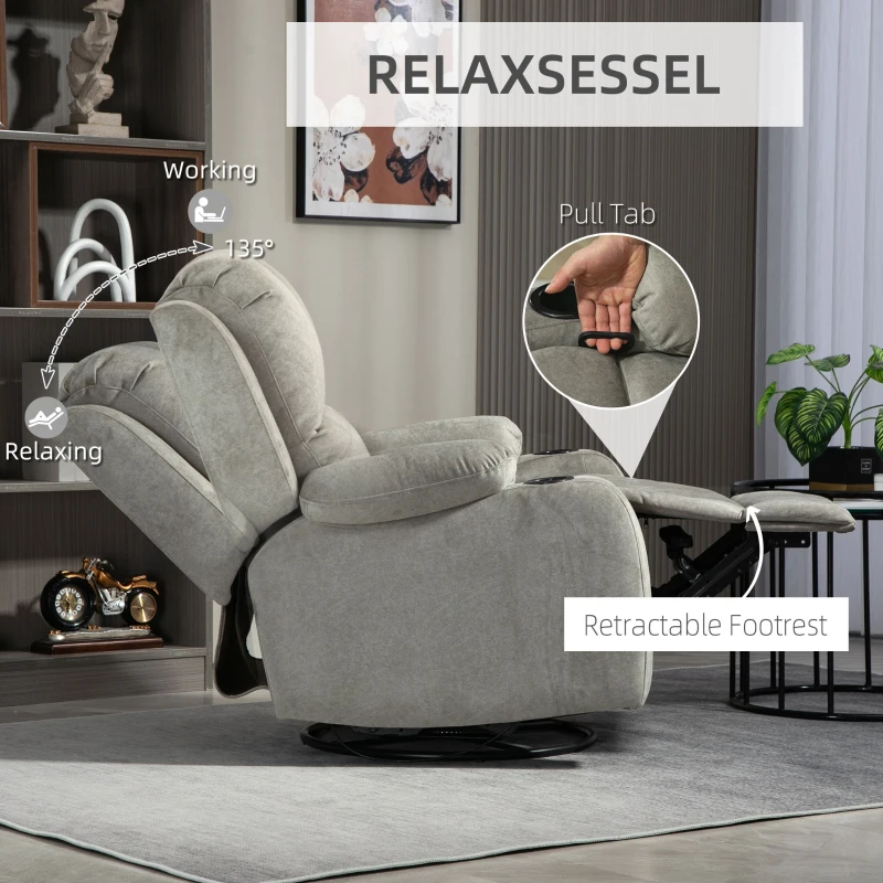 HOMCOM Fotel relaksacyjny z podnóżkiem i funkcją leżenia, w komplecie uchwyty na napoje, do 150 kg, Brązowy