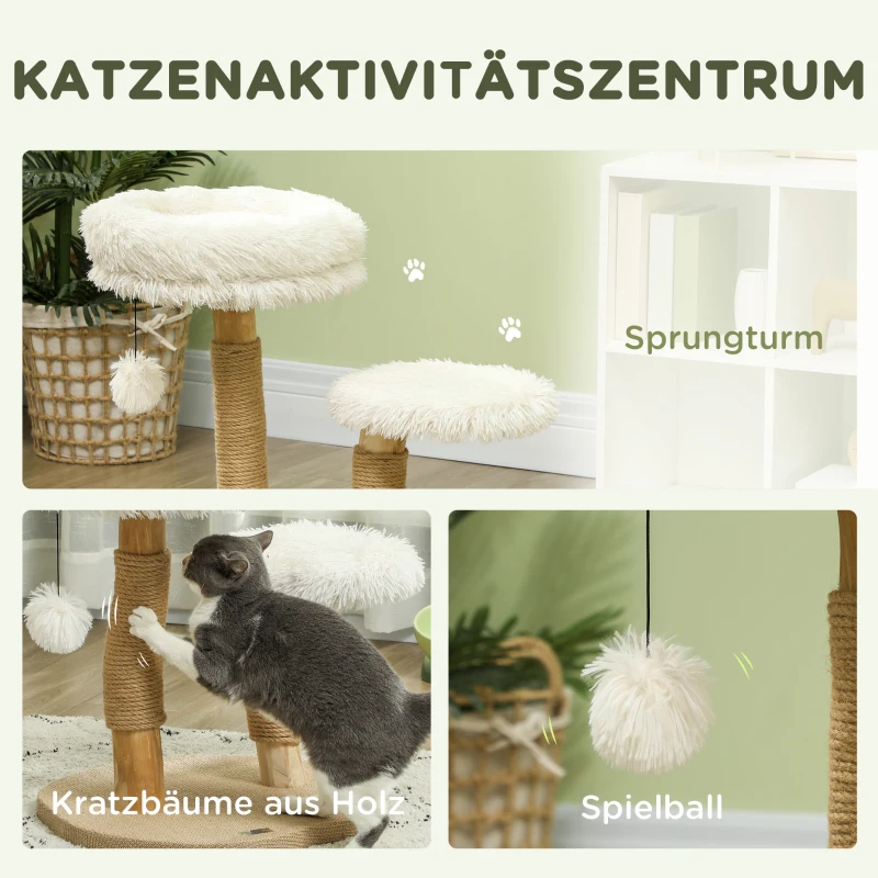 PawHut Kattenboom, 61,5 cm, met Kattenbed, Krabpaal, Sprongplatform, Speelbal, Voor Katten tot 5 kg, Wit