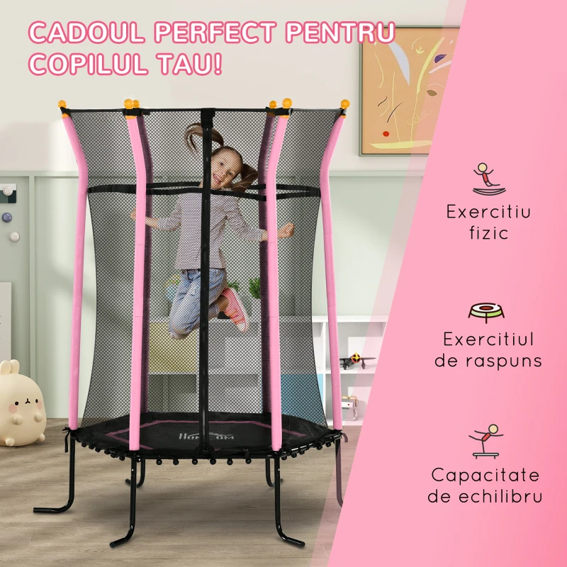 HOMCOM Trambulină Elastică pentru Copii 3-10 Ani cu Intrare cu Fermoar și Bare Căptușite, Ø163,5x190 cm, Roz