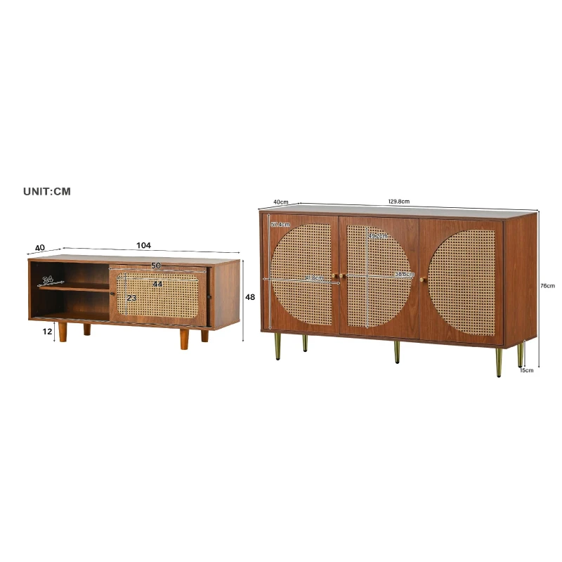 Ensemble Meuble à Chaussures et Buffet de Rangement en Bois avec Portes en Cannage, Style Vintage Bohème pour Entrée ou Salon