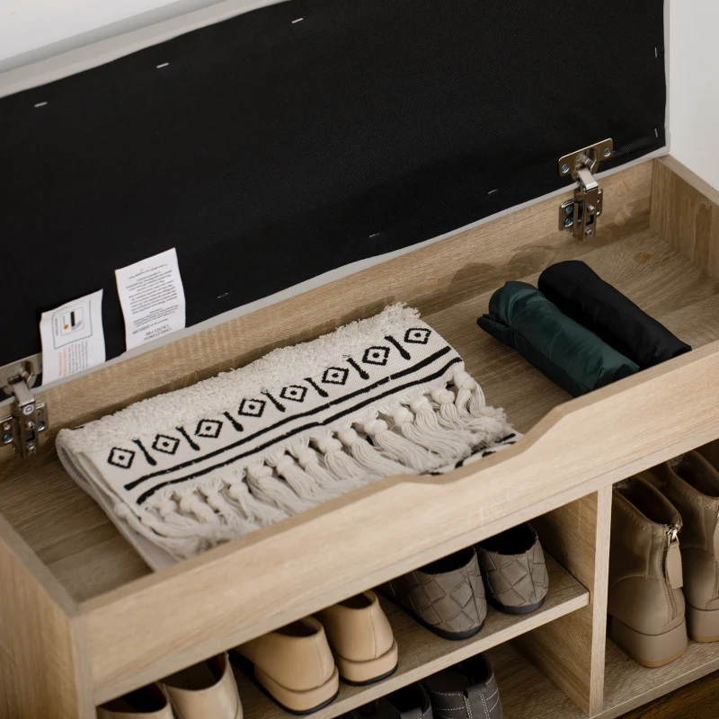 HOMCOM Bancă pentru Pantofi cu 3 Compartimente, Spațiu Ascuns și Șezut din Piele PU, 80x30x43 cm, Lemn Natural