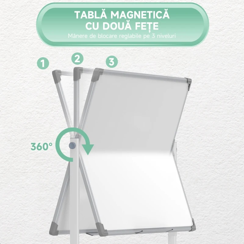 HOMCOM Tablă Magnetică cu 2 Fețe, Tablă Rotativă la 360° cu 3 Nivele Reglabile, Burete și Marker-e, 127x50x165 cm, Alb