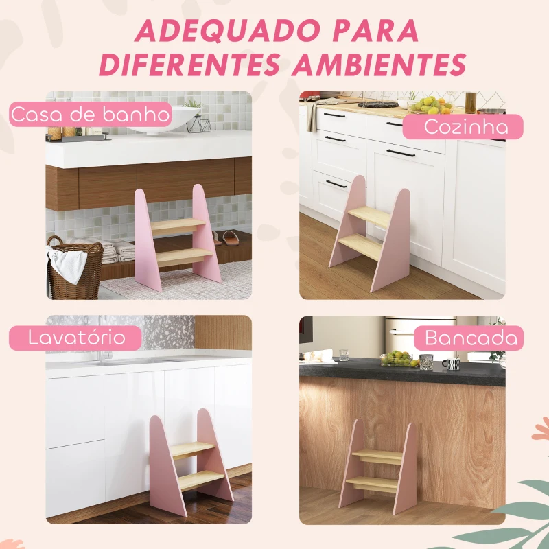 AIYAPLAY Banco para Crianças de 2 Degraus Torre de Aprendizagem Escada para Crianças acima de 3 Anos para Casa de Banho Cozinha 43x30x55 cm Rosa