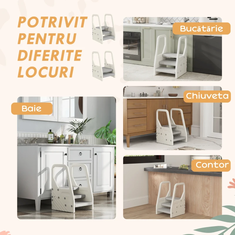 AIYAPLAY Turnuleț pentru Copii 2-5 Ani cu 3 Trepte Reglabile și Tălpi Antiderapante, 43x42x65,5 cm, Gri