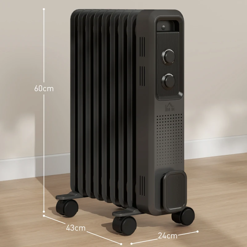 HOMCOM 2000W Oil Filled Radiator, 9 Fin, Portable Electric Heater with 3 Heat Settings, Safety Cut-Off and Wheels, Grey