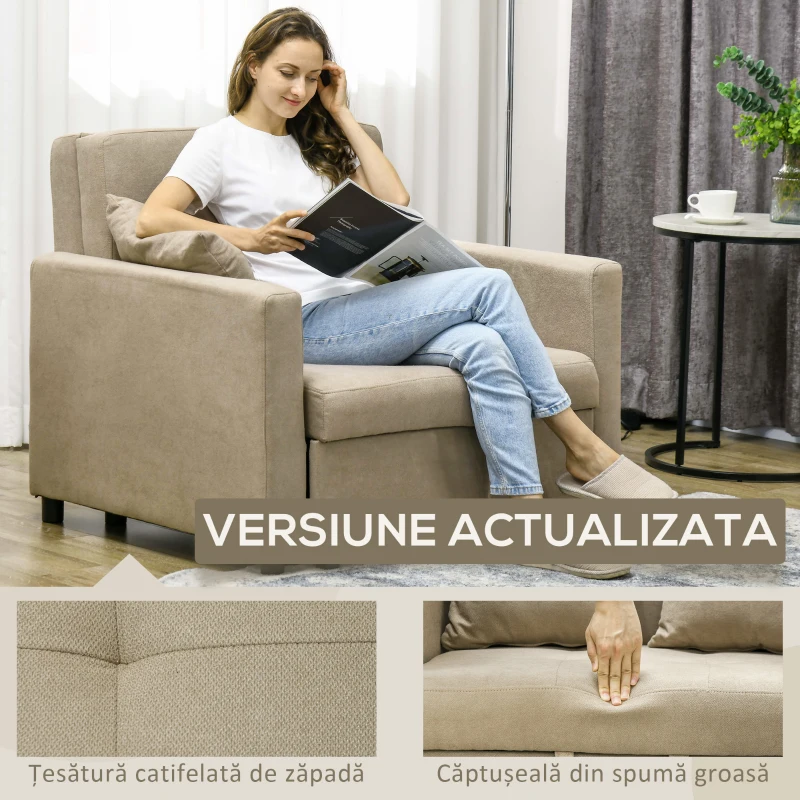HOMCOM Fotoliu Pat Individual cu 2 Perne și Spațiu de Depozitare, Canapea Extensibilă, 100x98x88 cm, Maro Deschis(m-5)