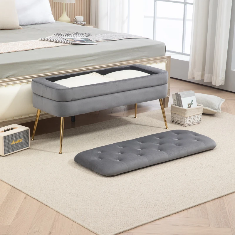 Banc de rangement en velours rembourré, grand espace de rangement, Gris foncé