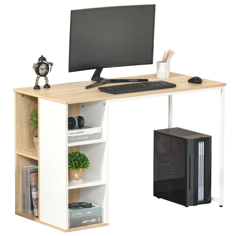 HOMCOM Schreibtisch Bücherregal Computertisch Bürotisch mit Regale Arbeitstisch PC Laptop Tisch großer Stauraum Spanplatte Metall Eiche+Weiß 115x 55x75 cm