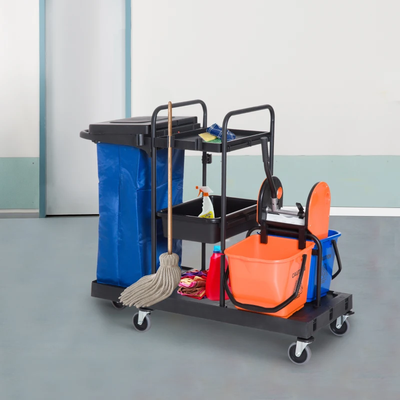 HOMCOM Carrello Pulizie Professionale a 3 Ripiani con Sacco per Immondizia, Ganci per Scopa, Secchio Lavapavimenti con Strizzatore per Mocio e 5 Ruote, per Hotel e Albergo, 111x63.3x103 cm, Nero