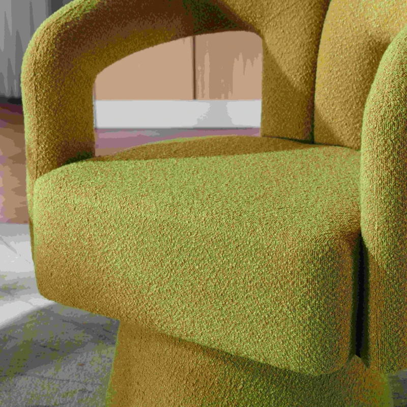 Drehbarer Bürostuhl, gepolstert mit Bouclé-Stoff, tonnenförmiges Design, Olivgrün