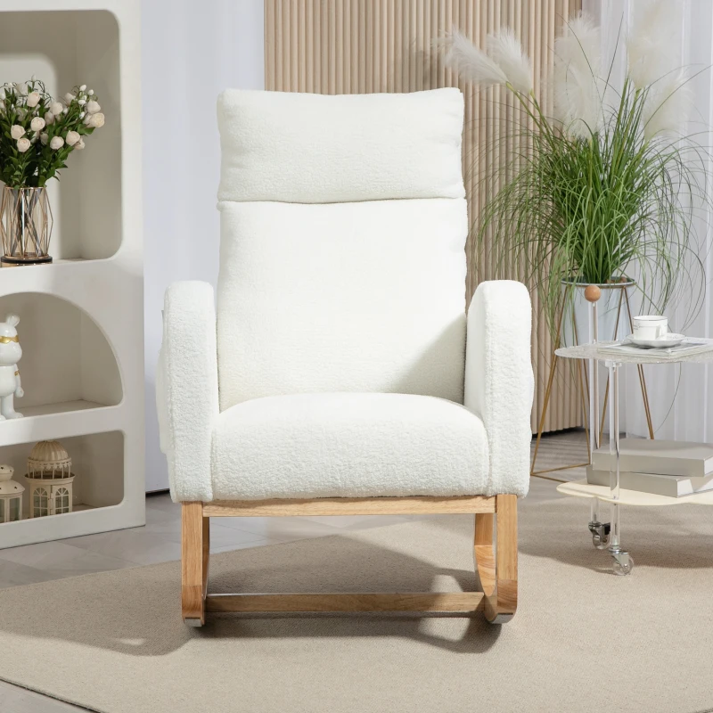 HOMCOM Schommelstoel, Relaxstoel, Dikke Vulling, Knusse Bekleding, Houten Frame, tot 120 kg Draagvermogen, Crèmewit(m-8)