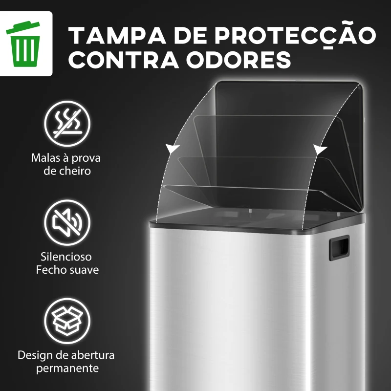HOMCOM Balde de Lixo de Cozinha com 2 Compartimentos 2x30L Pedal Fechamento Suave e Cubo Amovível  Prata