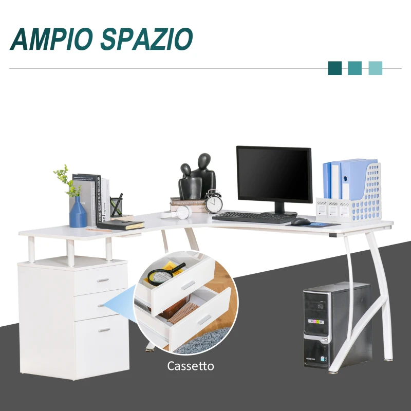 HOMCOM Scrivania Angolare con Cassettiera, Scrivania Ufficio Porta PC in Legno e Metallo, Bianco, 152x143.5x76cm